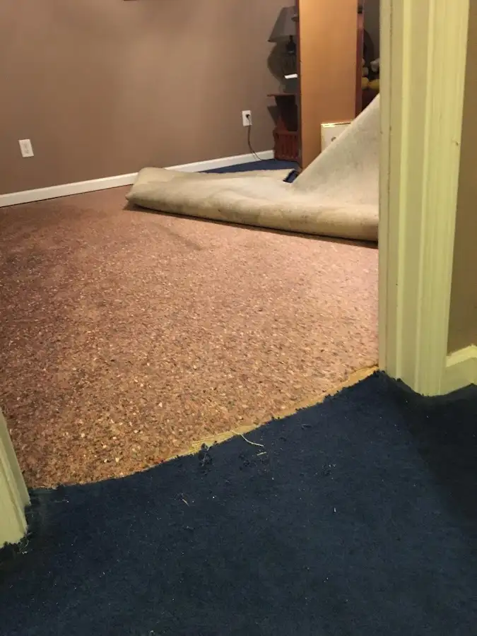 Carpet pad removal revealing water damage during Water Mitigation Services in Sachse